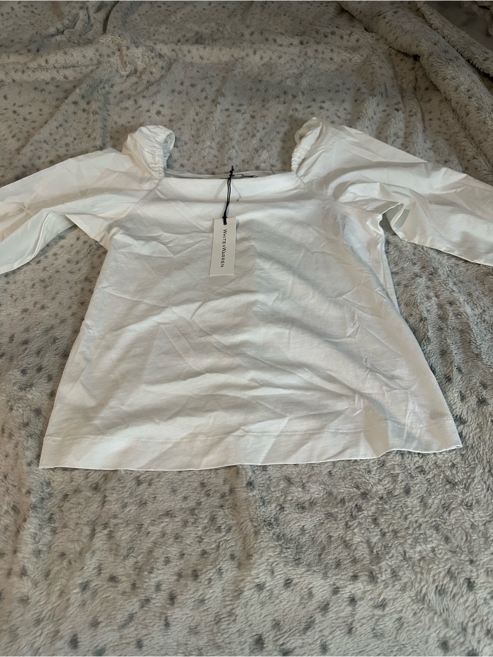 NWT White + Warren White Puff-Sleeve Square-Neck Top